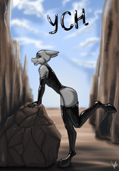 Size: 1640x2360 | Tagged: safe, artist:stirren, imported from derpibooru, anthro, clothes, commission, gloves, latex, latex gloves, latex socks, nature, pinup, pose, socks, solo, your character here