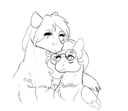 Size: 869x755 | Tagged: safe, artist:luna_mcboss, imported from derpibooru, oc, oc only, oc:double stuff, clydesdale, pegasus, pony, chest fluff, crooked glasses, duo, eyes closed, feathered wings, female, forehead kiss, glasses, kissing, lesbian, lesbian couple, oc x oc, one eye open, shipping, simple background, sketch, smooch, unshorn fetlocks, white background, wholesome, wings