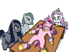 Size: 1024x740 | Tagged: safe, alternate version, artist:lightfurygirltamer2, imported from derpibooru, marble pie, potion nova, princess cadance, oc, oc:minkie pie, alicorn, earth pony, pony, unicorn, my little pony: pony life, background removed, bondage, broken horn, crown, earth pony oc, eyeliner, frown, g4.5, grin, hoof shoes, horn, jewelry, knife, makeup, peril, peytral, regalia, simple background, smiling, this will end in death, transparent background