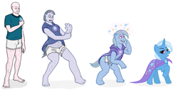 Size: 2709x1371 | Tagged: safe, artist:prurientpie, imported from derpibooru, trixie, human, pony, unicorn, bald, clothes, female, grin, human to pony, male, male to female, mare, mental shift, raised hoof, rule 63, shorts, simple background, smiling, transformation, transformation sequence, transgender transformation, white background