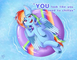 Size: 3225x2500 | Tagged: safe, artist:galaxy swirl, imported from derpibooru, rainbow dash, pegasus, pony, belly, crossed legs, dialogue, eye clipping through hair, eyebrows, eyebrows visible through hair, female, floaty, heart, heart eyes, high res, inner tube, lidded eyes, looking at you, lying down, mare, on back, open mouth, open smile, partially open wings, pool toy, signature, smiling, smiling at you, solo, unshorn fetlocks, water, wingding eyes, wings