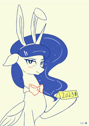 Size: 2480x3508 | Tagged: safe, artist:red river, imported from derpibooru, princess luna, alicorn, pony, blushing, bowtie, bunny ears, female, floppy ears, folded wings, hoof hold, horn, mare, simple background, white background, wings