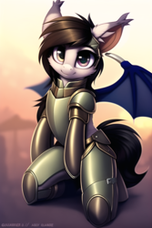 Size: 768x1152 | Tagged: safe, imported from derpibooru, bat pony, semi-anthro, ai content, ai generated, arm hooves, armor, armored pony, bat wings, cute, ear fluff, generator:novelai, generator:stable diffusion, heterochromia, kneeling, looking at you, smiling, smiling at you, solo, wings