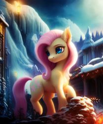 Size: 2560x3072 | Tagged: safe, imported from derpibooru, fluttershy, pegasus, pony, ai content, ai generated, eyebrows, eyelashes, female, forest background, generator:purplesmart.ai, generator:stable diffusion, house, lantern, mare, mountain, prompter:nightluna, sky, smiling, solo, standing, watermark, wingless, winter