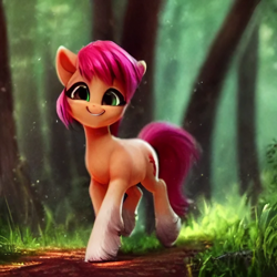 Size: 1024x1024 | Tagged: safe, imported from derpibooru, sunny starscout, earth pony, pony, ai content, ai generated, alternate hairstyle, forest, g5, generator:stable diffusion, looking at you, my little pony: a new generation, smiling, smiling at you, solo, tree