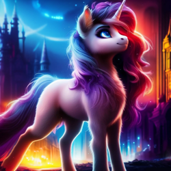 Size: 1536x1536 | Tagged: safe, imported from derpibooru, oc, unnamed oc, pony, unicorn, ai content, ai generated, blue eyes, castle, chest fluff, ear fluff, eyebrows, eyelashes, fluffy, fur, generator:purplesmart.ai, generator:stable diffusion, glowing, looking up, multicolored mane, multicolored tail, prompter:nightluna, sky, smiling, standing, tail, white coat