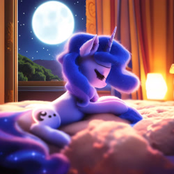 Size: 3072x3072 | Tagged: safe, imported from derpibooru, princess luna, pony, ai content, ai generated, bed, concave belly, curtains, eyelashes, eyes closed, full moon, generator:purplesmart.ai, generator:stable diffusion, glowing, lantern, lying down, moon, night, night sky, prompter:nightluna, sky, stars, window, wingless