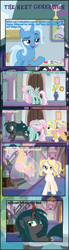 Size: 1487x5408 | Tagged: safe, artist:shootingstarsentry, imported from derpibooru, trixie, oc, oc:lilypad, oc:nightshade (digimonlover101), oc:opulence, changepony, hybrid, pegasus, pony, unicorn, comic:the next generation, bag, clothes, dialogue, dress, female, interspecies offspring, mare, offspring, parent:doctor caballeron, parent:fluttershy, parent:king sombra, parent:prince blueblood, parent:queen chrysalis, parents:caballershy, parents:chrysombra, saddle bag