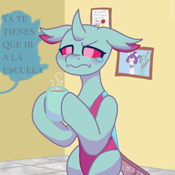 Size: 1080x1080 | Tagged: safe, artist:flower-black, derpibooru exclusive, imported from derpibooru, oc, oc:flower black, changedling, changeling, changedling oc, changeling oc, chocolate, dialogue, diploma, floppy ears, food, photo, spanish, speech bubble, teary eyes, translated in the comments, unamused