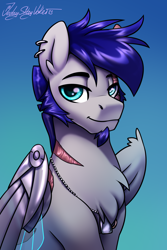 Size: 2000x3000 | Tagged: safe, artist:jedayskayvoker, imported from derpibooru, oc, oc only, oc:blue crest, pegasus, pony, bust, dilf, dog tags, ear piercing, eye scar, facial scar, gradient background, headshot commission, male, metal wing, pegasus oc, piercing, portrait, prosthetic limb, prosthetic wing, scar, stallion, wings