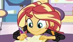 Size: 1080x635 | Tagged: safe, imported from derpibooru, screencap, sunset shimmer, human, equestria girls, mirror magic, spoiler:eqg specials, adorable face, book, cute, female, fire, happy, letter, shimmerbetes, smiling, solo, sun, sunset, writing