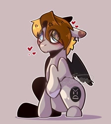 Size: 1122x1254 | Tagged: safe, artist:aff3ct10nn, imported from derpibooru, oc, oc only, oc:sunny (lrusu), hybrid, mule, pony, eye clipping through hair, floating heart, floppy ears, hair over one eye, heart, hybrid oc, looking at you, pegamule, simple background, smiling, solo