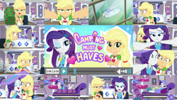 Size: 1280x722 | Tagged: safe, edit, edited screencap, editor:quoterific, imported from derpibooru, screencap, applejack, rarity, human, camping must-haves, equestria girls, spoiler:eqg series (season 2), adjusting, blue eyeshadow, confused, couch, crossed arms, cute, draw me like one of your french girls, duo, duo female, eyeshadow, female, freckles, frown, geode of shielding, geode of super strength, grin, hat, heart, magical geodes, makeup, one eye closed, open mouth, open smile, pillow, raribetes, rv, selfie, shipping fuel, smiling, van, wink