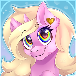 Size: 2000x2000 | Tagged: safe, artist:kwiateko, imported from derpibooru, oc, oc only, pony, unicorn, chibi, commission, cute, ear piercing, earring, horn, icon, jewelry, piercing, pink, rainbow eyes, simple background, smiling, solo, unicorn oc, yellow mane