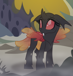 Size: 2732x2843 | Tagged: safe, artist:emberslament, imported from derpibooru, oc, oc:sunflower honey, changedling, changeling, cute, cuteling, double colored changeling, fangs, female, floppy ears, heart, heart eyes, red changeling, solo, spread wings, wingding eyes, wings