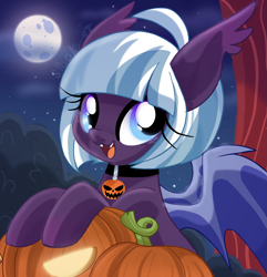 Size: 2327x2410 | Tagged: safe, artist:spookyle, imported from derpibooru, oc, oc only, oc:moonlit mist, bat pony, pony, bat pony oc, bush, cloud, cute, cute little fangs, fangs, female, full moon, halloween, high res, holiday, jack-o-lantern, mare, moon, night, ocbetes, open mouth, pumpkin, signature, solo, tree