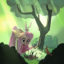Size: 2000x2000 | Tagged: safe, artist:haku nichiya, imported from derpibooru, angel bunny, fluttershy, bird, pegasus, pony, rabbit, animal, bush, carrot, crepuscular rays, duo, female, floppy ears, folded wings, food, grass, herbivore, high res, looking down, mare, mouth hold, outdoors, plant, sitting on head, smiling, standing, tree, water, watering, watering can, wings