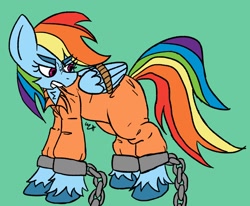 Size: 1308x1080 | Tagged: safe, artist:biscotti5000, imported from derpibooru, pegasus, pony, bound wings, clothes, commission, commissioner:rainbowdash69, cuffed, green background, grumpy, never doubt rainbowdash69's involvement, prison outfit, prisoner rd, rope, simple background, solo, unshorn fetlocks, wings