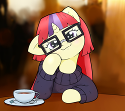 Size: 1800x1600 | Tagged: safe, artist:kumakum, imported from derpibooru, moondancer, pony, unicorn, cafe, food, looking at you, solo, tea, wholesome