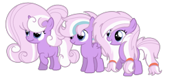 Size: 1260x583 | Tagged: safe, artist:stack-of-cookies, imported from derpibooru, oc, oc only, oc:ink iris, oc:purple iris, oc:sugar iris, earth pony, pegasus, pony, unicorn, base used, female, filly, foal, simple background, transparent background