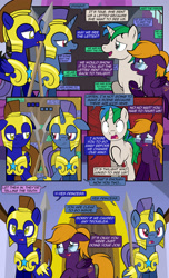 Size: 1920x3168 | Tagged: safe, artist:alexdti, imported from derpibooru, oc, oc:purple creativity, oc:star logic, pegasus, pony, unicorn, comic:quest for friendship, comic, dialogue, ears back, eye contact, female, folded wings, glasses, high res, hoof hold, hooves, horn, implied twilight sparkle, lidded eyes, looking at each other, looking at someone, male, mare, misspelling, narrowed eyes, open mouth, open smile, pegasus oc, pinpoint eyes, raised hoof, royal guard, smiling, spear, speech bubble, stallion, two toned mane, underhoof, unicorn oc, weapon, wings