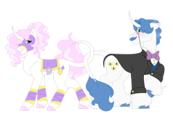 Size: 1280x854 | Tagged: safe, artist:itstechtock, imported from derpibooru, fancypants, fleur-de-lis, classical unicorn, pony, unicorn, blushing, clothes, cloven hooves, concave belly, curved horn, facial hair, fancyfleur, female, horn, leonine tail, male, mare, mask, monocle, moustache, raised hoof, saddle, shipping, simple background, slim, smiling, stallion, straight, suit, tack, thin, transparent background, unshorn fetlocks