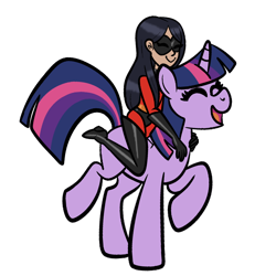 Size: 1000x1000 | Tagged: safe, artist:chelseawest, imported from derpibooru, twilight sparkle, human, pony, unicorn, crossover, duo, duo female, eyes closed, female, humans riding ponies, open mouth, open smile, riding, simple background, smiling, the incredibles, transparent background, unicorn twilight, violet parr