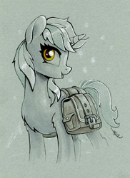 Size: 873x1200 | Tagged: safe, artist:maytee, imported from derpibooru, lyra heartstrings, pony, unicorn, bag, female, looking at you, mare, marker drawing, partial color, saddle bag, solo, traditional art