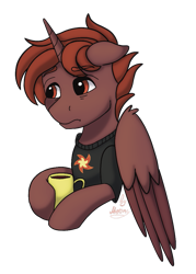 Size: 763x1063 | Tagged: safe, artist:moony, imported from derpibooru, oc, oc only, oc:hardy, alicorn, pony, cup, male, male alicorn, male alicorn oc, simple background, solo, stallion, teacup, tired, transparent background