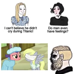 Size: 707x691 | Tagged: safe, edit, edited screencap, imported from derpibooru, screencap, derpy hooves, earth pony, pegasus, pony, where the apple lies, beard, blindfold, doctor, facial hair, meme, simple background, titanic, white background