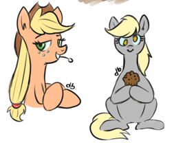 Size: 540x449 | Tagged: safe, artist:dubudrops, imported from derpibooru, applejack, derpy hooves, applejack's hat, cowboy hat, duo, food, hat, muffin, signature, simple background, straw, straw in mouth, white background