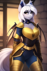 Size: 768x1152 | Tagged: safe, editor:flitter4935, imported from derpibooru, oc, oc only, anthro, bat pony, ai content, ai generated, armor, armored pony, bat wings, breasts, cleavage, ear fluff, female, generator:novelai, generator:stable diffusion, guardsmare, looking at you, mare, royal guard, smiling, smiling at you, solo, wings