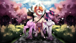 Size: 4800x2700 | Tagged: safe, artist:lunciakkk, imported from derpibooru, part of a set, octavia melody, twilight sparkle, oc, oc:mckeypl, alicorn, earth pony, pony, unicorn, series:mckeypl in years, blushing, canon x oc, cherry blossoms, clothes, commission, female, flower, flower blossom, katana, kimono (clothing), male, path, sword, trio, twilight sparkle (alicorn), weapon