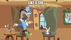 Size: 888x499 | Tagged: safe, edit, edited screencap, imported from derpibooru, screencap, angel bunny, discord, draconequus, rabbit, keep calm and flutter on, animal, caption, chair, clothes, cup, discord lamp, drink, duo, fancy, image macro, imgflip, male, monocle, sitting, suit, tea, teacup, text