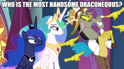 Size: 888x499 | Tagged: safe, edit, edited screencap, imported from derpibooru, screencap, discord, princess celestia, princess luna, alicorn, draconequus, pony, the beginning of the end, caption, crown, female, horn, image macro, imgflip, jewelry, male, mare, pointing, regalia, reporter, royal sisters, siblings, sisters, sitting, text, trio
