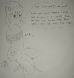 Size: 2953x3079 | Tagged: safe, artist:cardshark777, imported from derpibooru, oc, oc only, oc:liz (cardshark777), earth pony, pony, arm behind back, beanie, bondage, damsel in distress, duct tape, earth pony oc, female, female oc, hat, heart, helpless, hooves behind back, looking at you, mare, monochrome, nervous, pencil drawing, rope, rope bondage, simple background, solo, speech bubble, talking to viewer, tape, tied up, traditional art