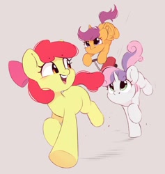 Size: 1018x1076 | Tagged: safe, artist:melodylibris, imported from derpibooru, apple bloom, scootaloo, sweetie belle, earth pony, pegasus, pony, unicorn, adorabloom, apple bloom's bow, blank flank, bow, cute, cutealoo, cutie mark crusaders, diasweetes, female, filly, flapping wings, foal, gray background, hair bow, looking back, open mouth, open smile, running, scooter, simple background, smiling, trio, wings