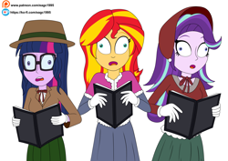 Size: 4237x2995 | Tagged: safe, alternate version, artist:eagc7, imported from derpibooru, sci-twi, starlight glimmer, sunset shimmer, twilight sparkle, human, equestria girls, caroling, clothes, colored, commission, derp, family guy, female, glasses, open mouth, parody, patreon, patreon reward, simple background, white background