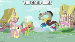 Size: 888x499 | Tagged: safe, edit, edited screencap, imported from derpibooru, screencap, discord, fluttershy, tree hugger, draconequus, earth pony, pegasus, pony, make new friends but keep discord, caption, female, finger gun, image macro, imgflip, male, mare, pointing, text, trio