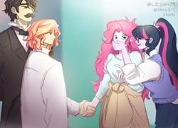 Size: 1200x867 | Tagged: safe, artist:hiru3152, artist:lzjian79, imported from derpibooru, pinkie pie, sunset shimmer, twilight sparkle, oc, oc:butler yellow, human, comic:the setting of two suns, equestria girls, collaboration, covering mouth, equestria girls-ified, everton, facial hair, fanfic art, glasses, handshake, human sunset, humanized, sunlit shimmer