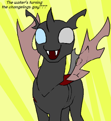 Size: 540x590 | Tagged: safe, artist:kazerad, imported from derpibooru, oc, oc only, oc:coxa, changeling, anisocoria, changeling oc, fangs, happy, heterochromia, male, meme, no source available, red changeling, scar, smiling, solo, text