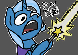 Size: 2048x1448 | Tagged: safe, artist:ewoudcponies, imported from derpibooru, trixie, pony, unicorn, cape, clothes, dialogue, gray background, hoof hold, magic wand, simple background, trixie's cape