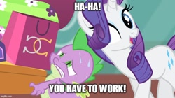 Size: 888x499 | Tagged: safe, edit, edited screencap, imported from derpibooru, screencap, rarity, spike, dragon, pony, unicorn, rarity takes manehattan, caption, duo, female, gritted teeth, image macro, imgflip, luggage, male, mare, meme, straining, sweat, teeth, text