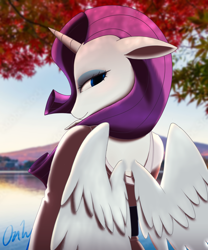 Size: 1440x1733 | Tagged: safe, artist:onlyhasart, imported from derpibooru, rarity, alicorn, anthro, alicornified, clothes, eyeshadow, female, kimono (clothing), looking at you, looking over shoulder, makeup, race swap, raricorn, rear view, smiling, smiling at you, solo