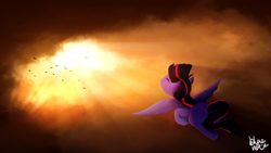 Size: 1920x1080 | Tagged: safe, artist:bluenotefs, imported from derpibooru, twilight sparkle, alicorn, bird, pony, crepuscular rays, flying, sky, solo, twilight sparkle (alicorn)