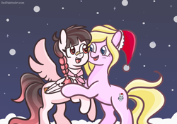 Size: 2681x1890 | Tagged: safe, artist:redpalette, imported from derpibooru, oc, oc only, oc:arwencuack, oc:chuckles, earth pony, pegasus, pony, christmas, hat, holiday, pegasus oc, santa hat, snow, snowfall, solo