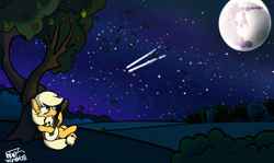 Size: 1600x954 | Tagged: safe, artist:bluenotefs, imported from derpibooru, applejack, bright mac, pear butter, earth pony, pony, apple, apple tree, crying, falling leaves, feels, female, guitar, intertwined trees, leaves, mare, mare in the moon, missing accessory, moon, musical instrument, night, night sky, pear tree, sad, shooting star, sitting, sky, smiling, solo, stars, teary eyes, tree