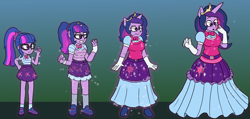 Size: 3840x1827 | Tagged: safe, artist:dommerik, imported from derpibooru, sci-twi, twilight sparkle, anthro, human, unicorn, equestria girls, :o, age progression, alternate hairstyle, belt, bowtie, breast expansion, breasts, busty sci-twi, clothes, commission, crown, cutie mark on clothes, dress, female, glasses, gloves, gown, gradient background, gritted teeth, growth, high res, human to anthro, jewelry, long gloves, magic, mare, older, older twilight, open mouth, poofy shoulders, princess, princess twilight 2.0, regalia, solo, sparkles, teeth, transformation, transformation sequence, transforming clothes, unicorn sci-twi, unicorn twilight, wavy mouth, wingless, wingless alicorn, wingless anthro