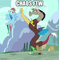 Size: 500x514 | Tagged: safe, edit, edited screencap, imported from derpibooru, screencap, discord, rainbow dash, draconequus, what about discord?, caption, high five, image macro, imgflip, text