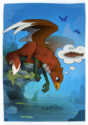 Size: 1750x2470 | Tagged: safe, artist:yakovlev-vad, imported from derpibooru, oc, oc only, butterfly, griffon, griffon oc, moss, solo, thought bubble, water